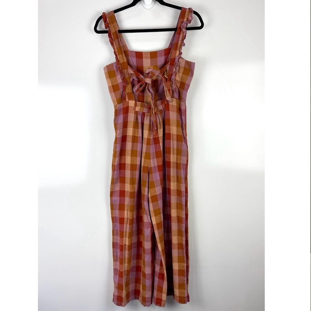 ModCloth Princess Highway Linen Prairie Jumpsuit S Orange Check Boho Ruffle - Picture 4 of 15